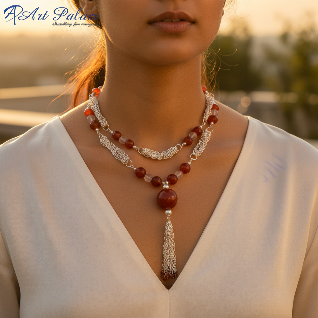 Silver Carnelian Tassel Necklace for Women | Gemstone Jewelry