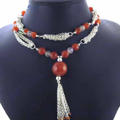 Silver Carnelian Tassel Necklace for Women | Gemstone Jewelry