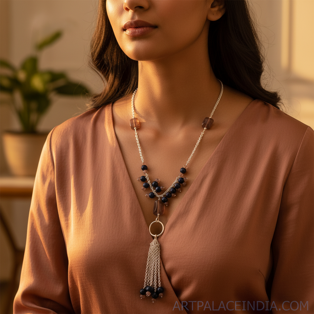Silver Beaded Tassel Necklace with Gemstone Beads | Women's Jewelry