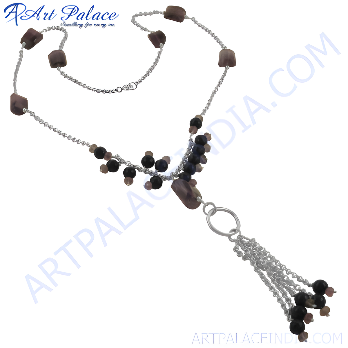 Silver necklace with gemstone beads and a stylish tassel design, perfect for any occasion