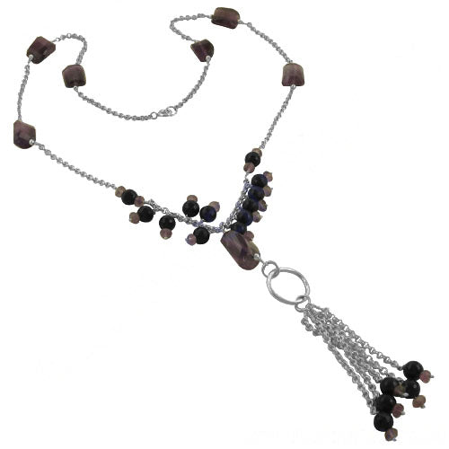 Silver Beaded Tassel Necklace with Gemstone Beads | Women's Jewelry