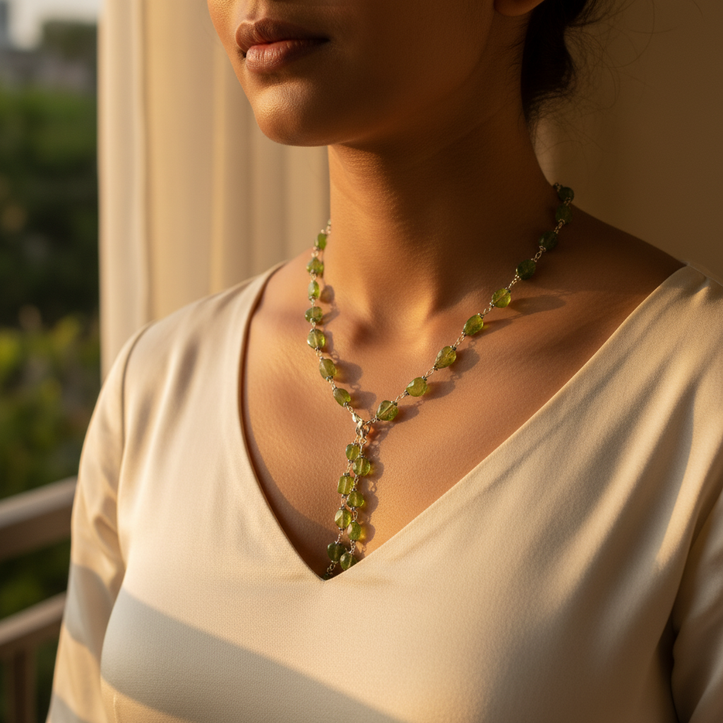 Green Peridot Bead Necklace | Sterling Silver Y Necklace for Women