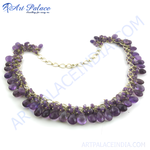 Load image into Gallery viewer, Amethyst gemstone dangle necklace with purple amethyst stones and silver chain, perfect for women
