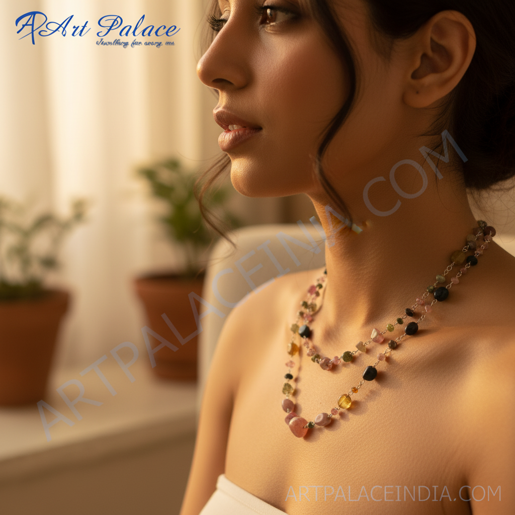 Tourmaline Bead Necklace | Multicolor Gemstone Necklace for Women