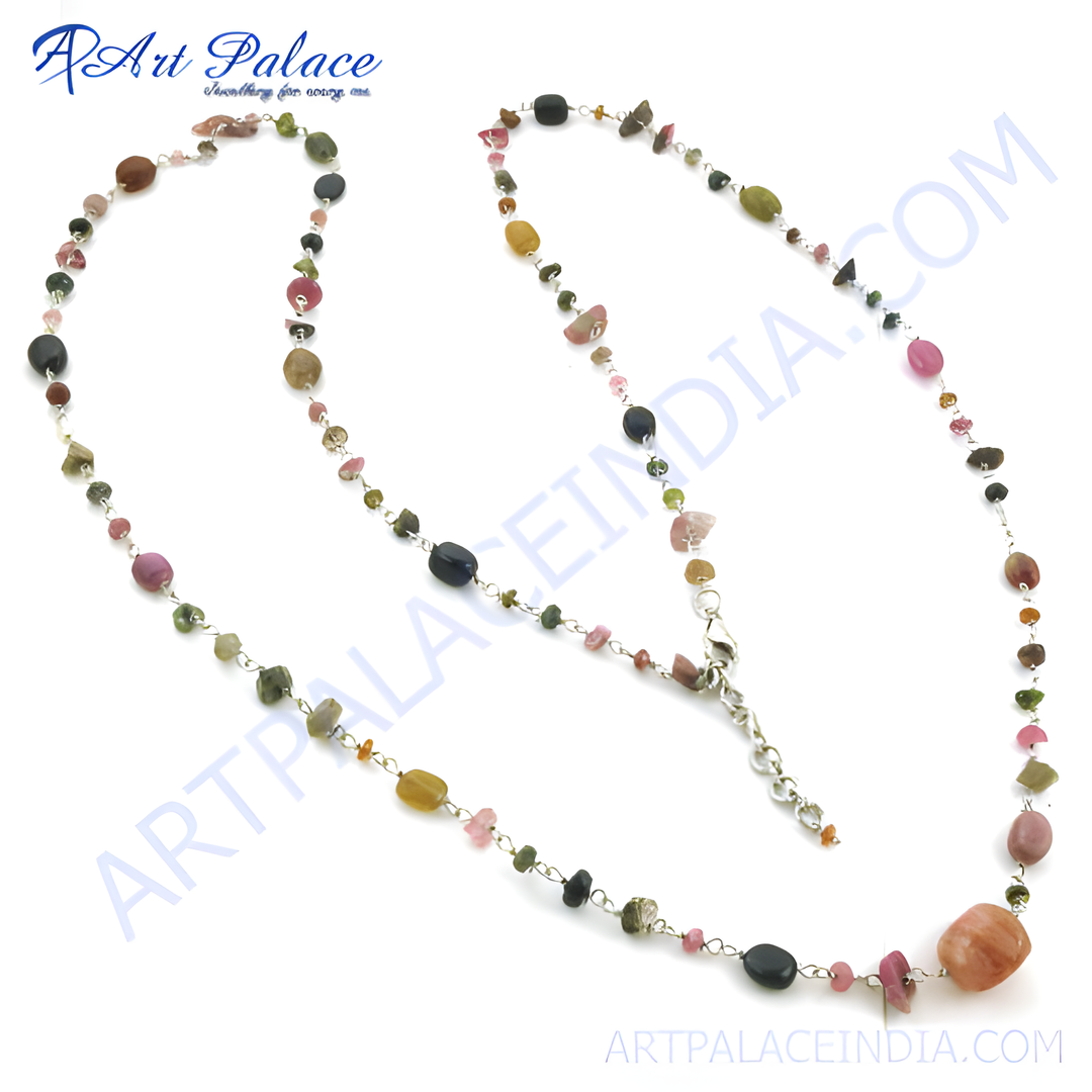 Multicolor tourmaline gemstone bead necklace strung on silver wire; a beautiful colorful necklace.