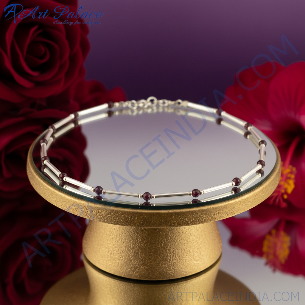 Silver bead bar necklace | red gemstones | for women