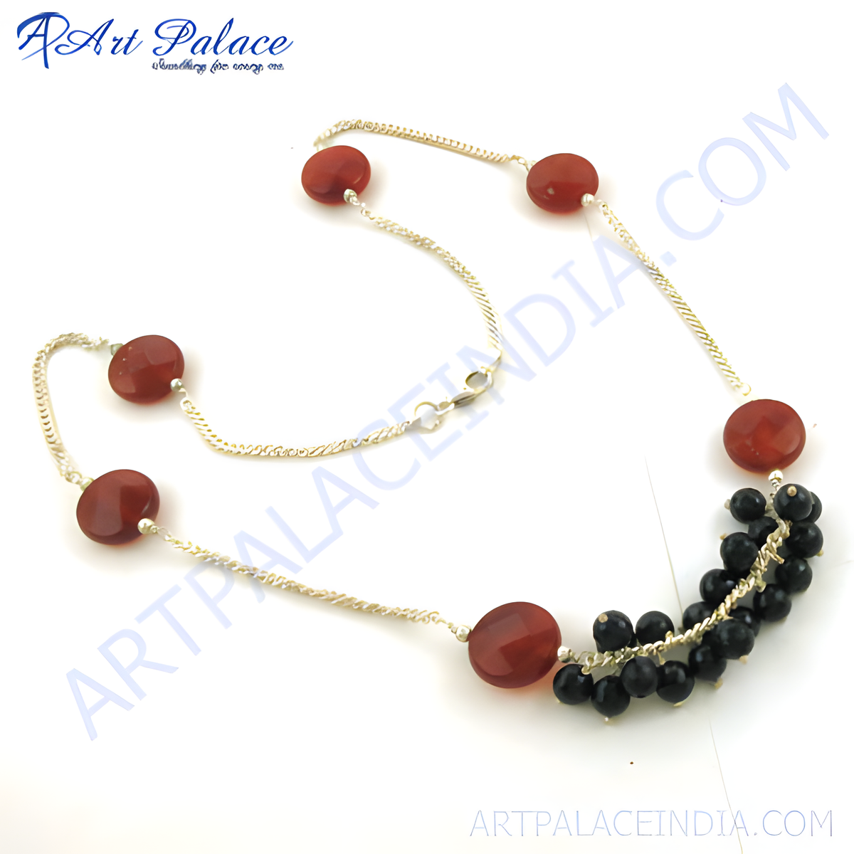 Sterling silver necklace featuring oval carnelian gemstones and black onyx beads for women