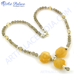 Load image into Gallery viewer, Gemstone beaded necklace with yellow and grey beads, perfect for daily wear. Fashion Jewelry.
