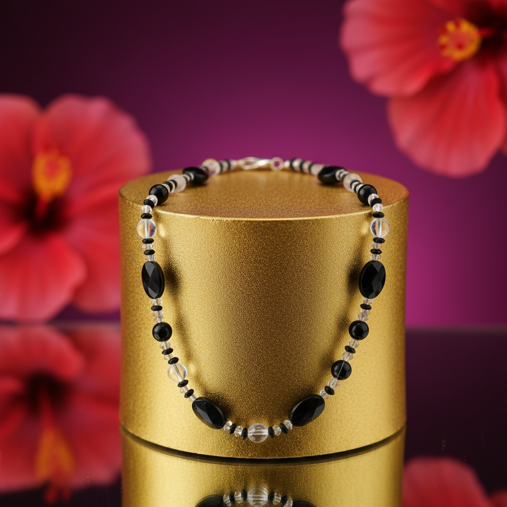 Black onyx & crystal bead necklace | women's long necklace