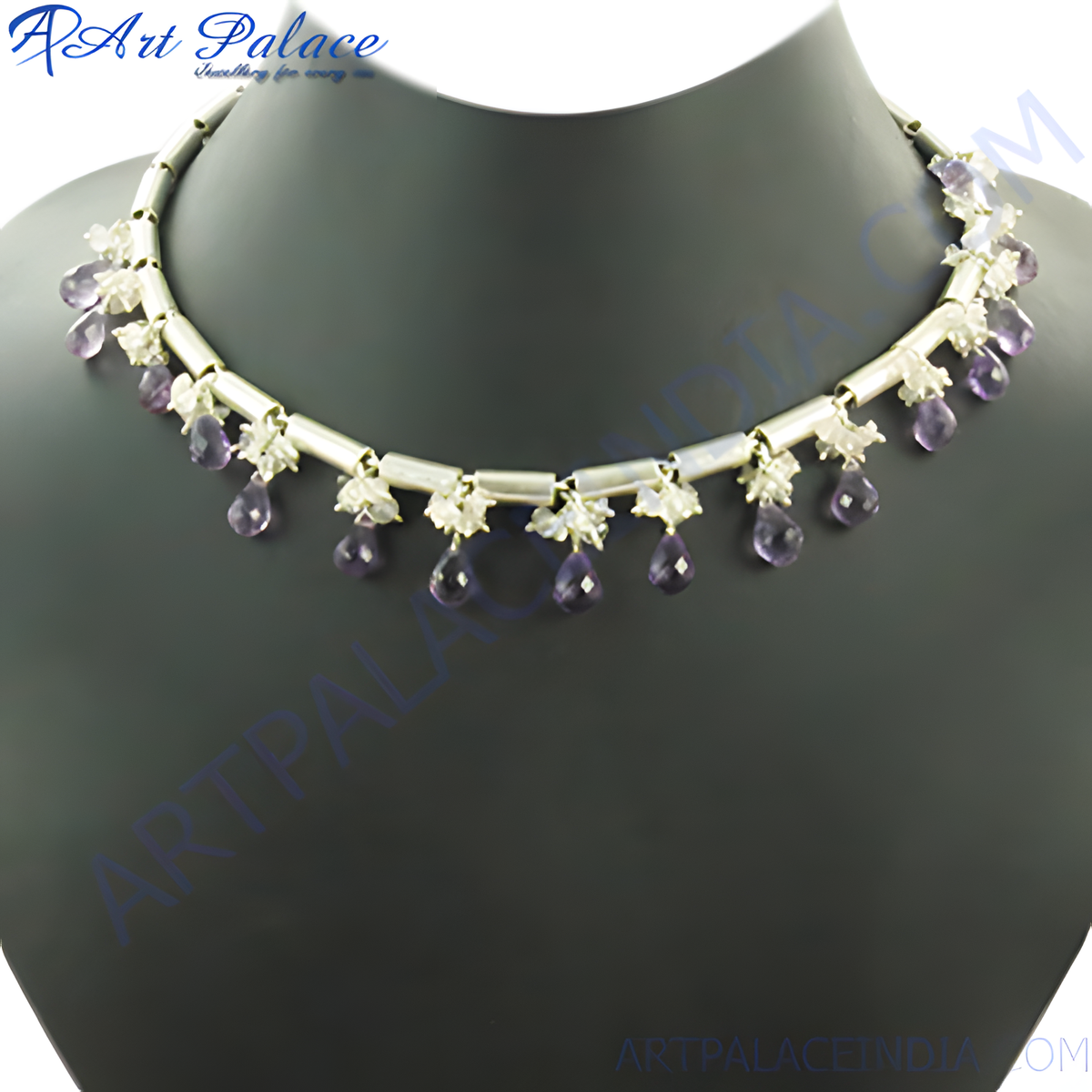 Sterling silver necklace featuring amethyst drop pendants, perfect for women