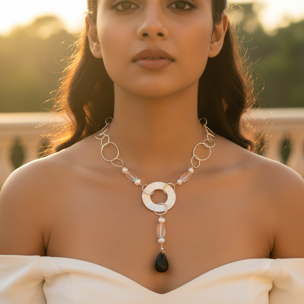 Silver Statement Necklace with Black Onyx Pendant | For Women