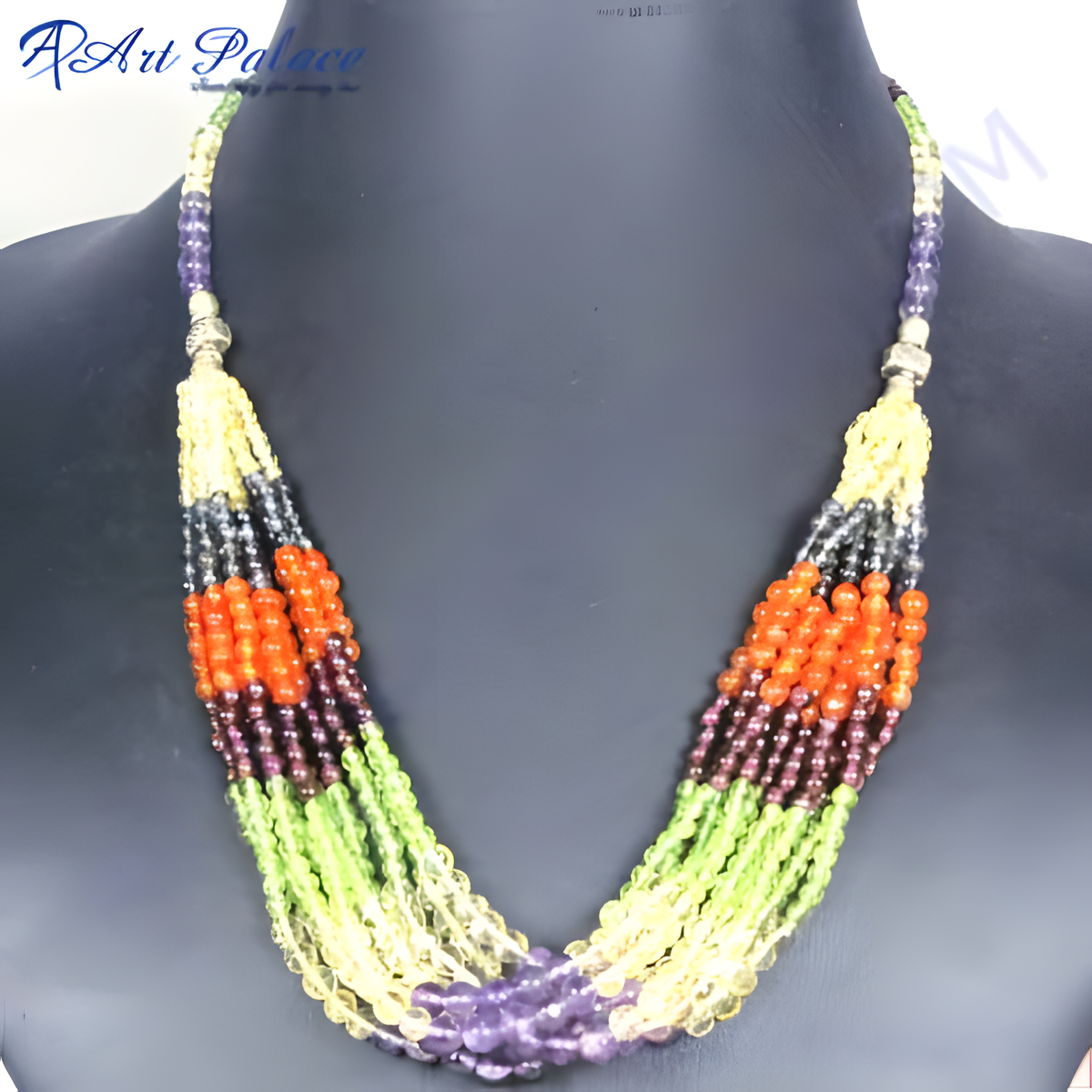 Colorful beaded gemstone necklace with multiple strands of colorful beads