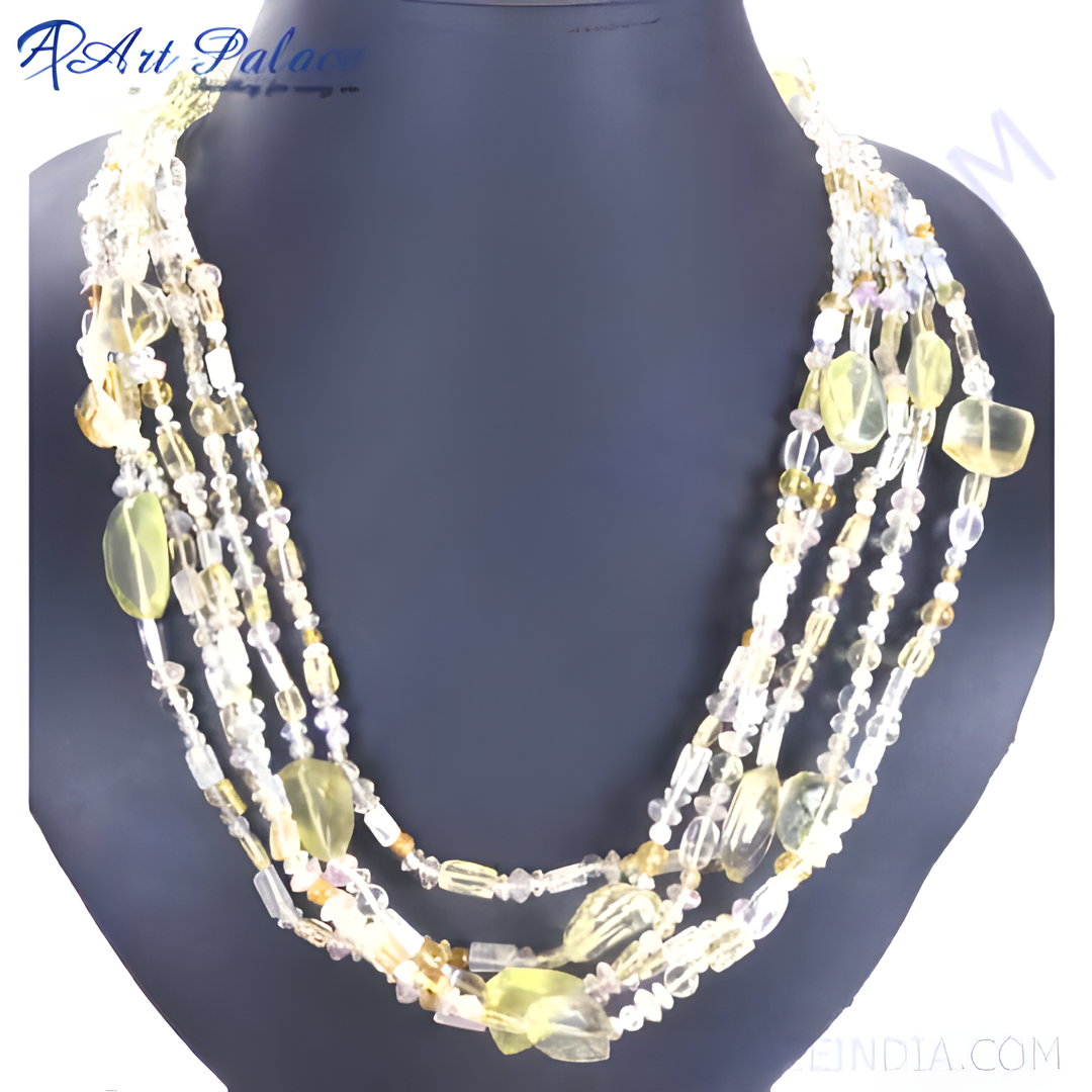 Multi-strand necklace with yellow citrine beads on a dark background