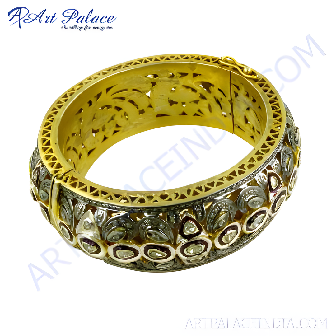 gold plating filigree bangle bracelet with diamonds, a luxurious piece of jewelry for women.