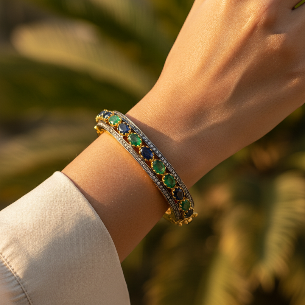 gold plating Bangle Bracelet with Emeralds and Sapphires | Luxury Jewelry