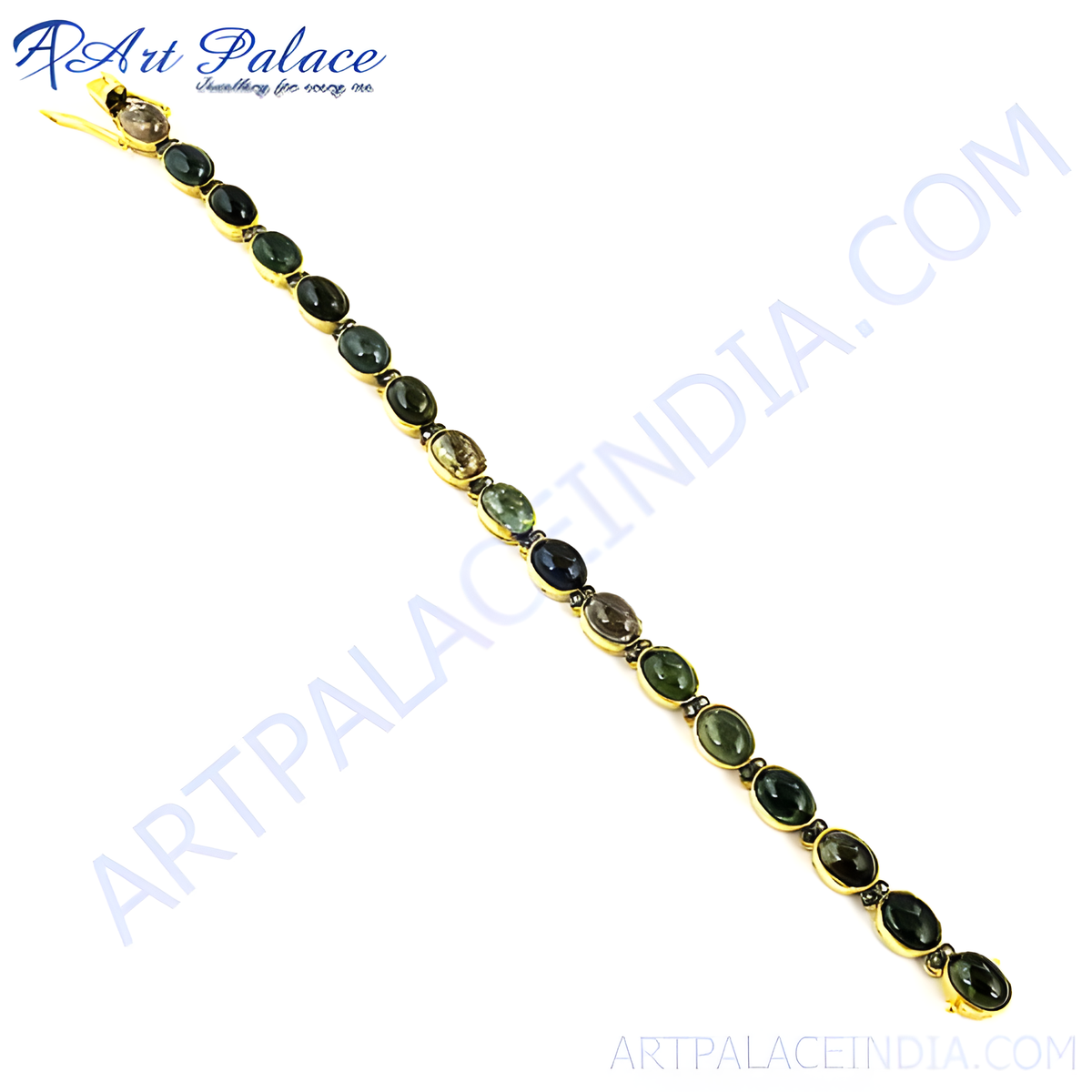 Gold chain bracelet with oval green tourmaline gemstones set in gold