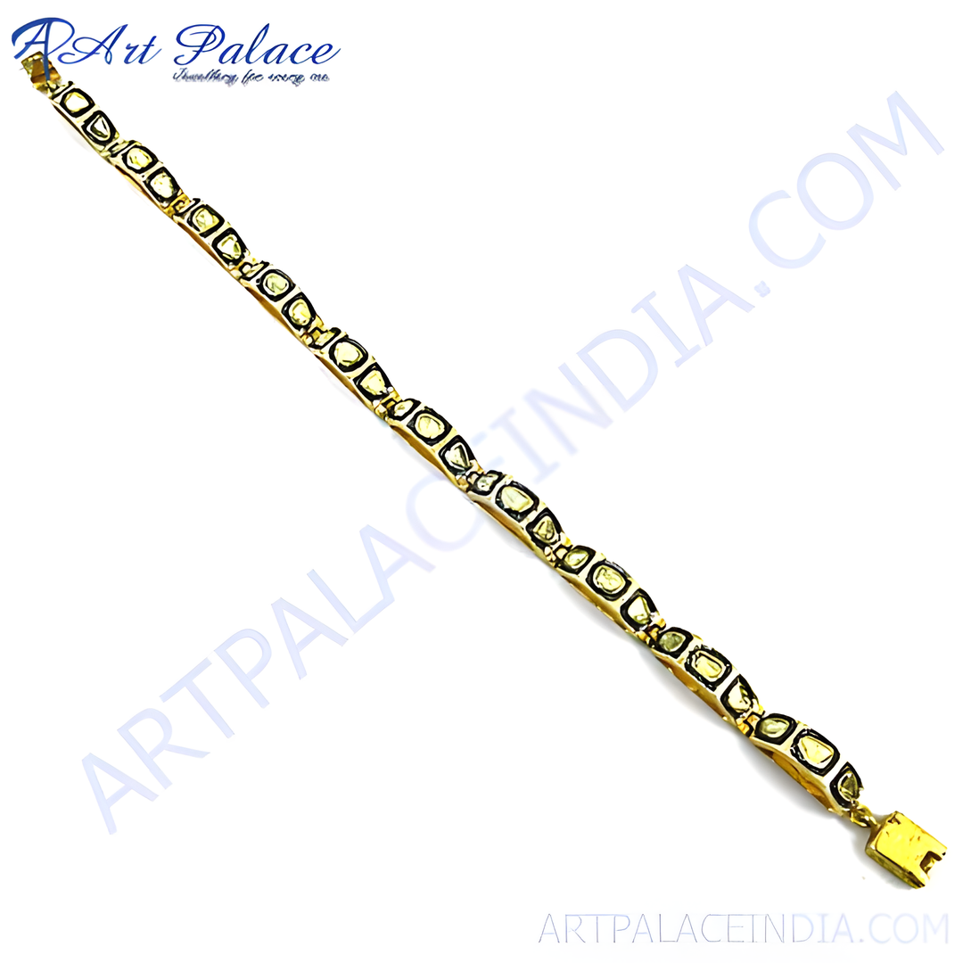 gold plating chain bracelet with diamond-shaped accents on a white background, perfect for women.