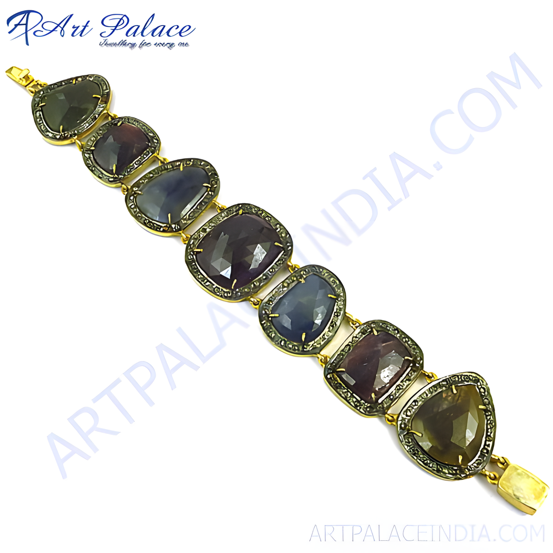 gold plating plated bracelet with multi-colored sapphire gemstones.
