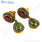 Load image into Gallery viewer, gold plating dangle earrings with ruby and emerald gemstones, featuring a teardrop shape.
