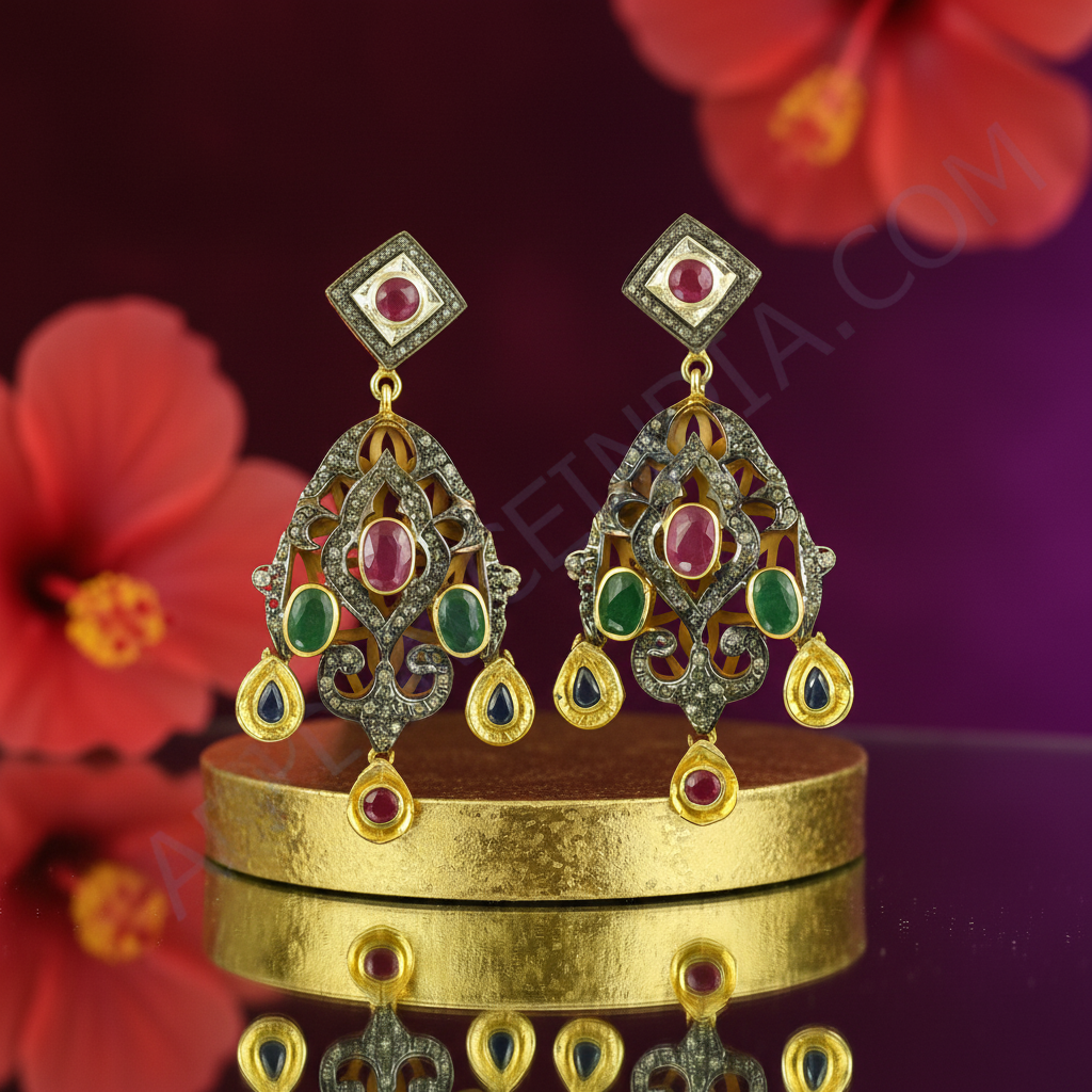 Ruby emerald diamond earrings | gold plating filigree dangle earrings