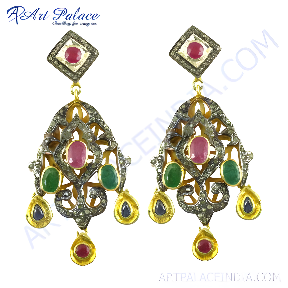 Gold plating filigree dangle earrings featuring ruby, emerald, and diamond gemstones