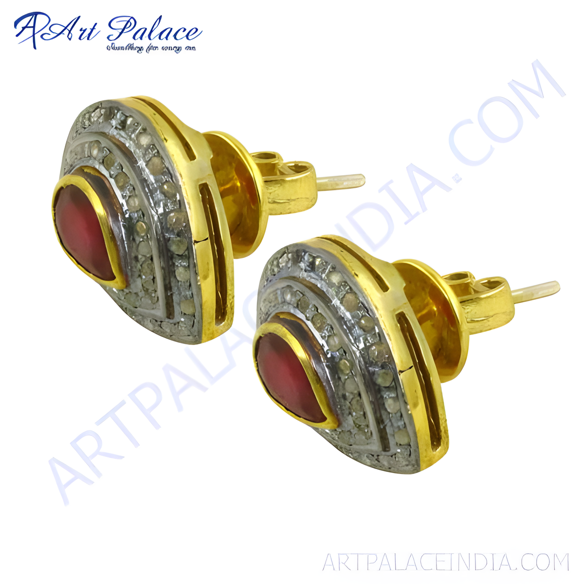 Gold plating stud earrings with ruby center and diamond accents, a luxurious and elegant design