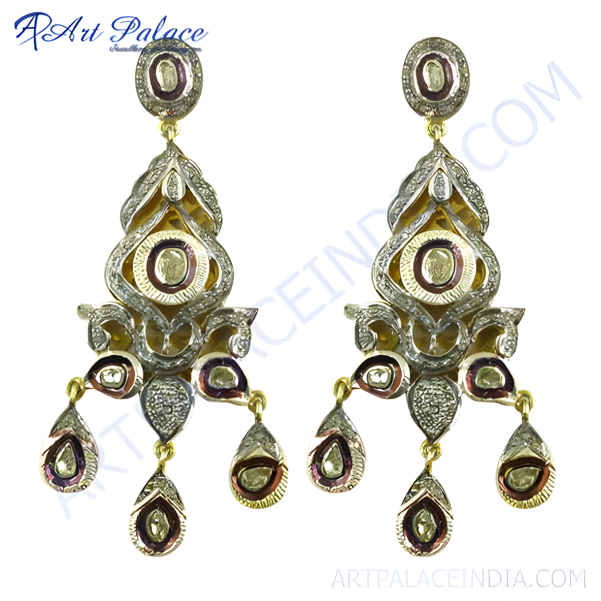 Gold plating and diamond dangle earrings featuring a unique design with intricate detailing and gemstone accents