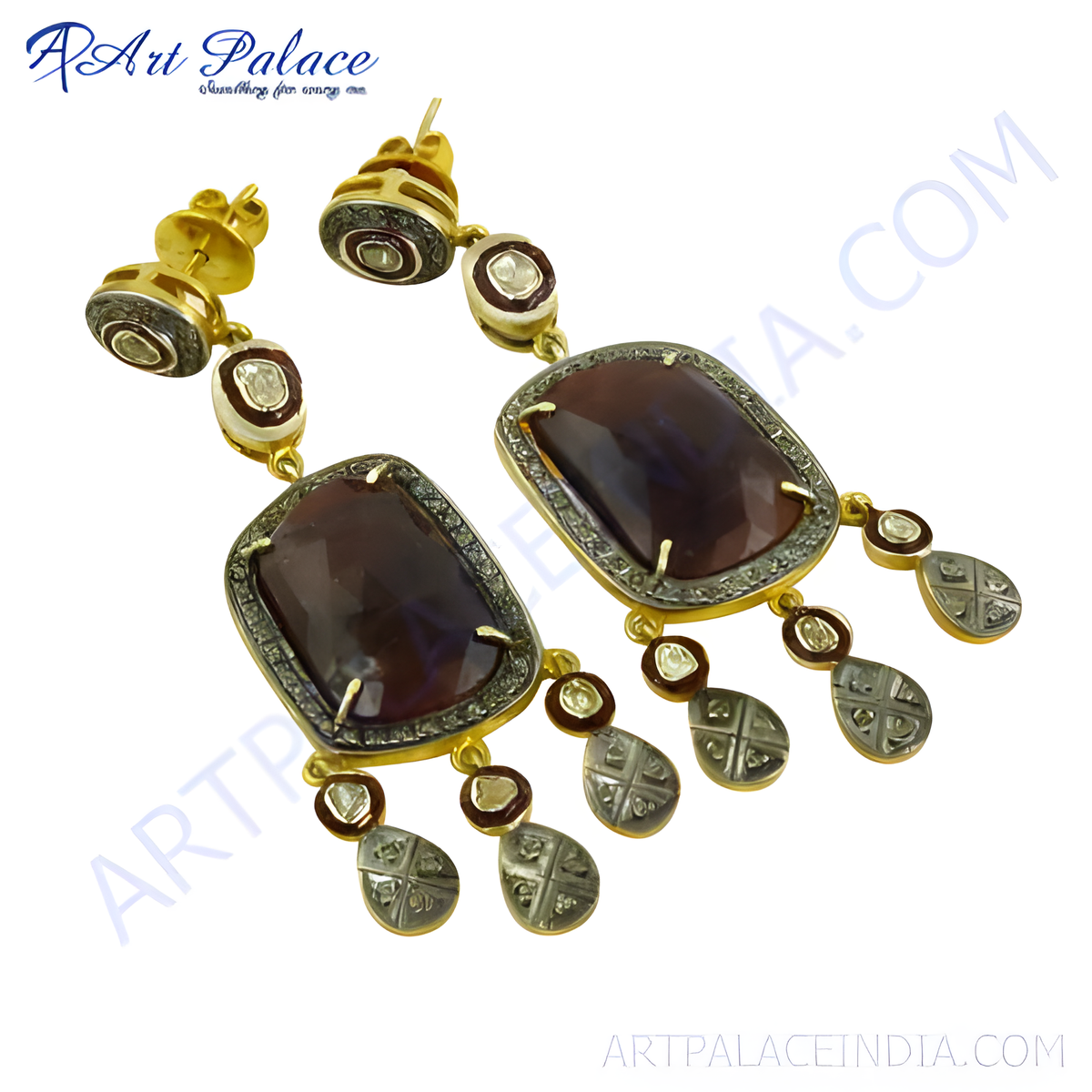 Gold plating vermeil drop earrings with ruby gemstones and diamond accents, elegant design