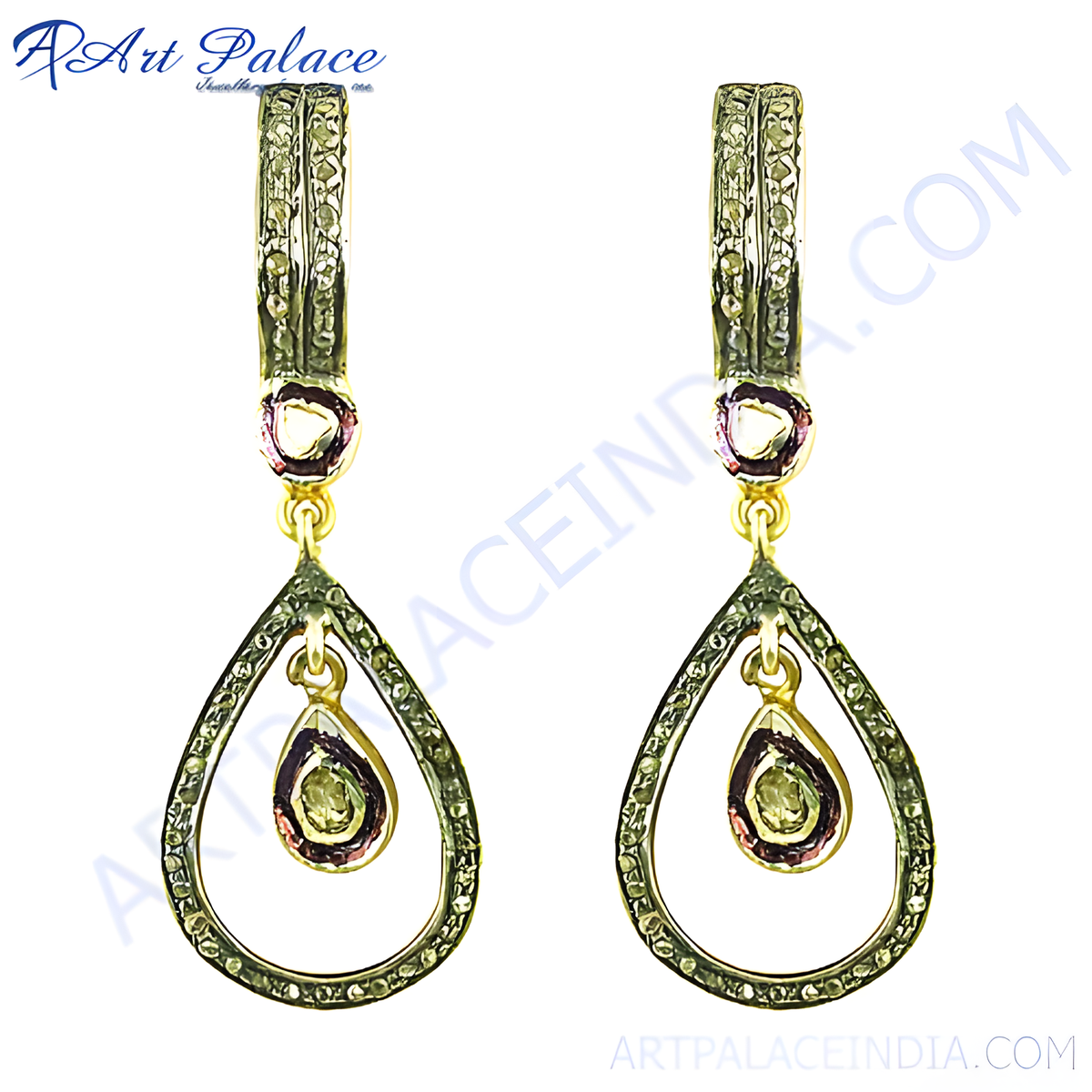 Gold plating teardrop dangle earrings with a central gemstone and encrusted accents, perfect for women