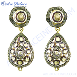 Load image into Gallery viewer, gold plating teardrop dangle earrings with diamonds set in an ornate frame, a beautiful piece of luxury jewelry.
