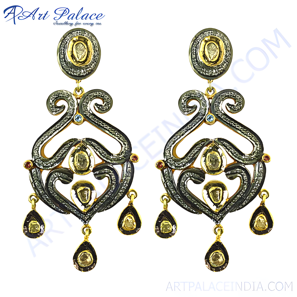 Gold plating and black diamond dangle earrings with intricate design and teardrop accents