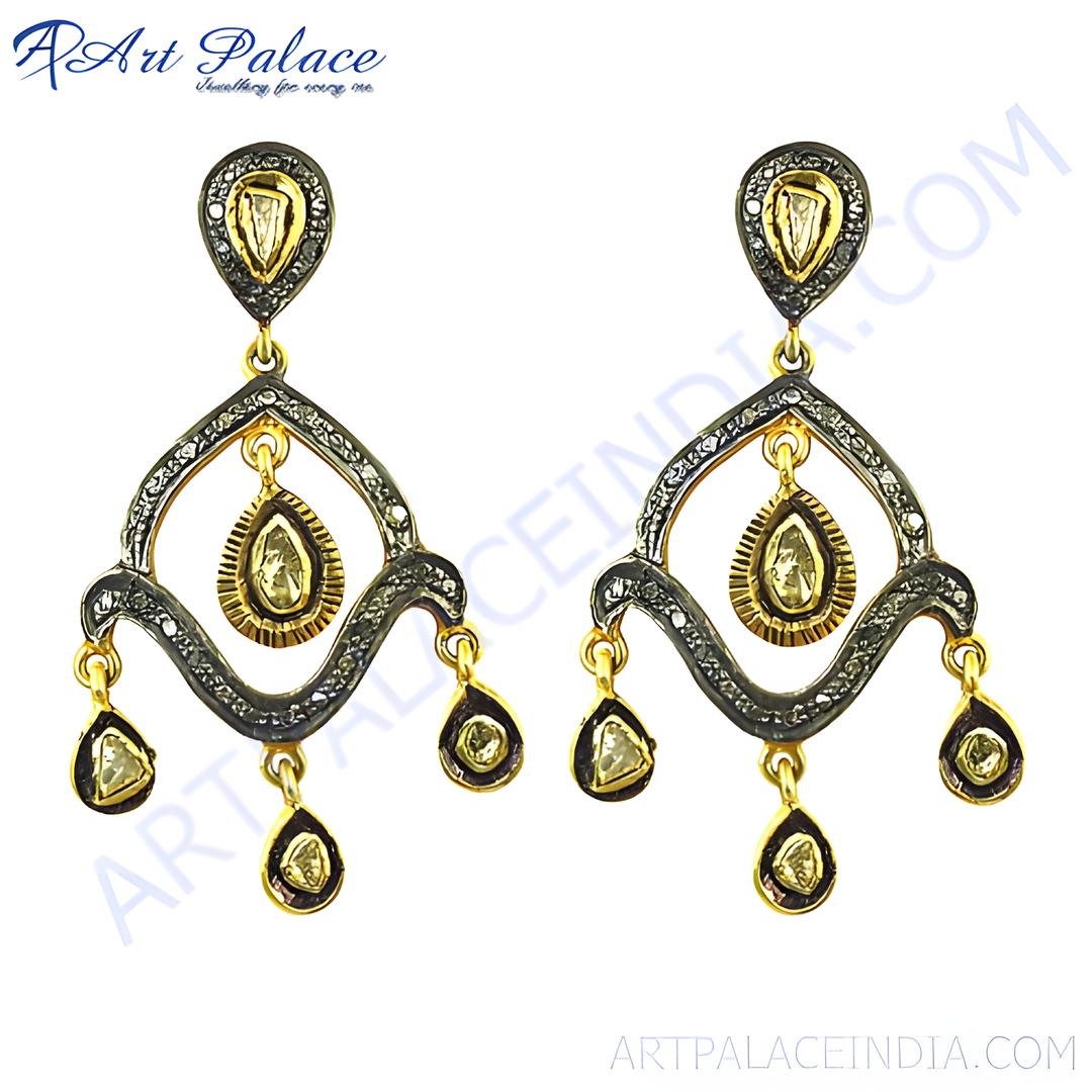 gold plating teardrop dangle earrings with diamond accents, perfect for women, elegant Indian jewelry.