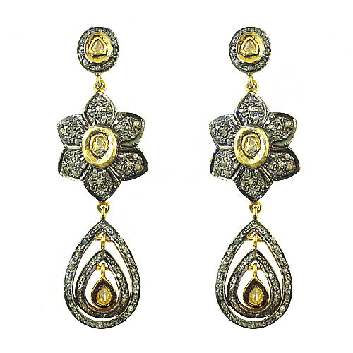 gold plating Diamond Flower Drop Earrings for Women | Floral Jewelry