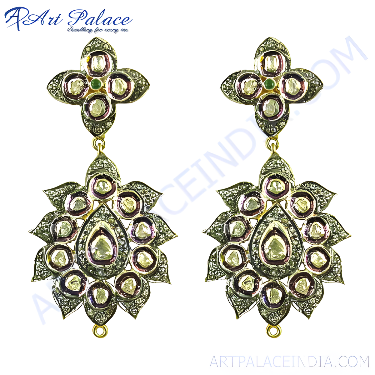 Gold plating toned floral drop earrings with diamonds and gemstones, perfect for special events