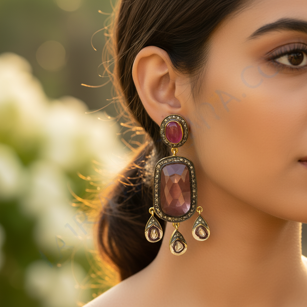 Ruby & diamond dangle earrings | gold plating finish | women's jewelry