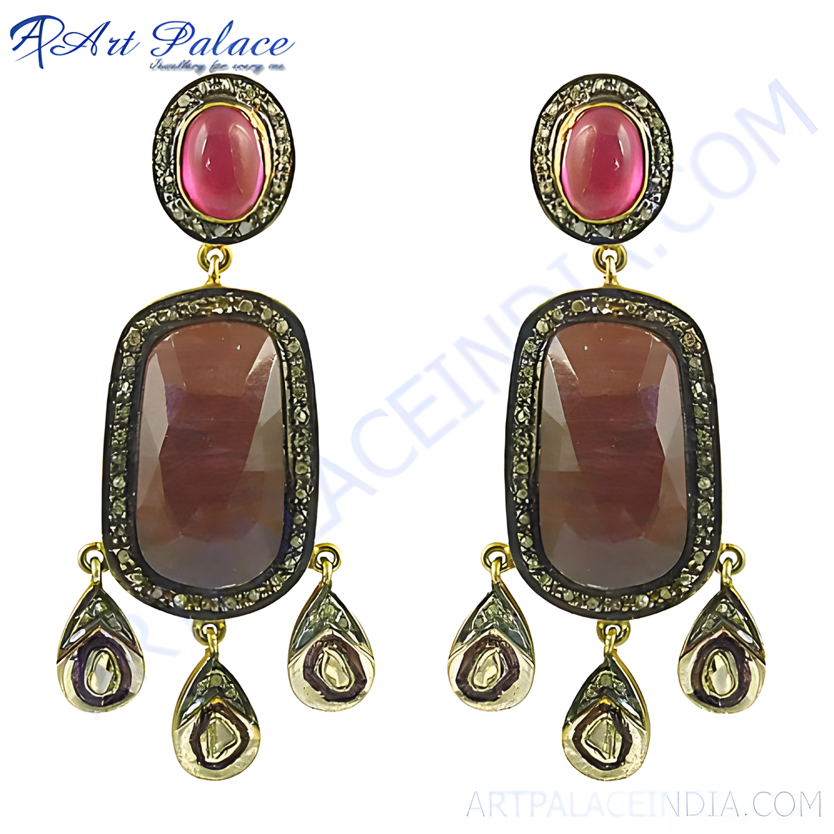 Gold plating finish ruby and diamond dangle earrings for women