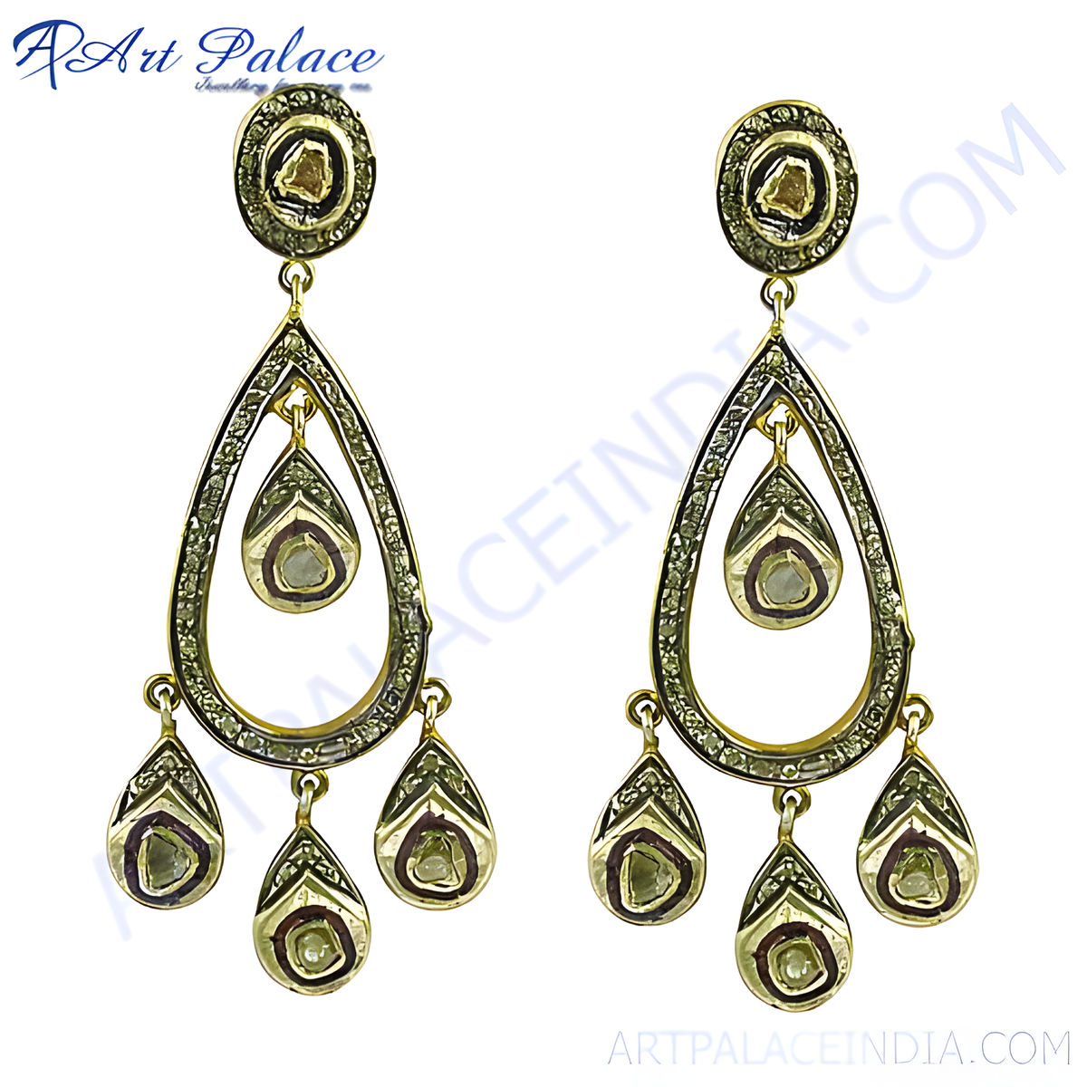 Gold plating teardrop dangle earrings with diamond accents and a vintage design