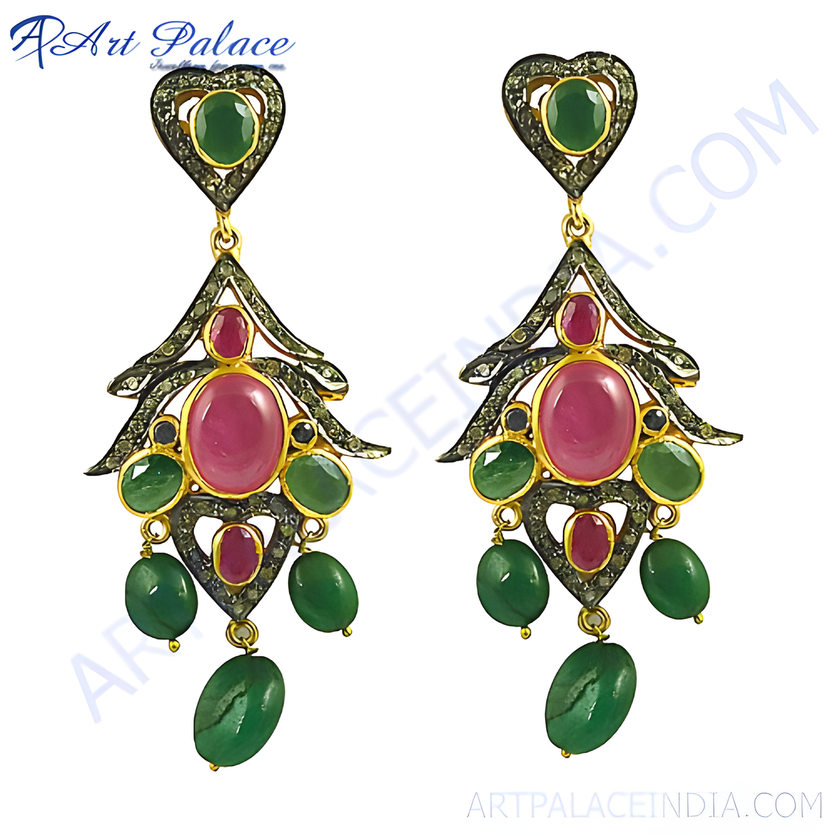 Gold plating plated drop earrings with emerald and ruby gemstones, a luxurious and elegant jewelry piece for women