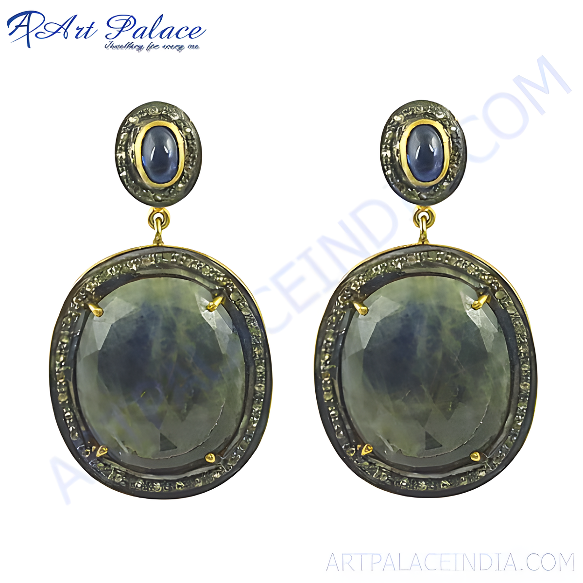 Sapphire and diamond drop earrings, featuring a large oval sapphire and smaller sapphire stud, set in a gold plating plated frame