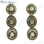 Load image into Gallery viewer, gold plating polki diamond drop earrings with green and white gemstones.
