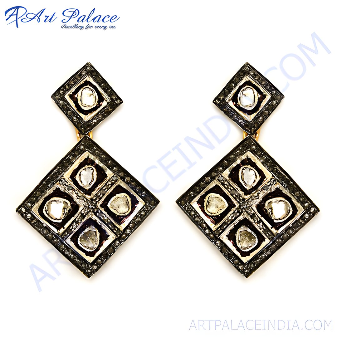 Black rhodium diamond dangle earrings with sparkling white diamonds on a white background.