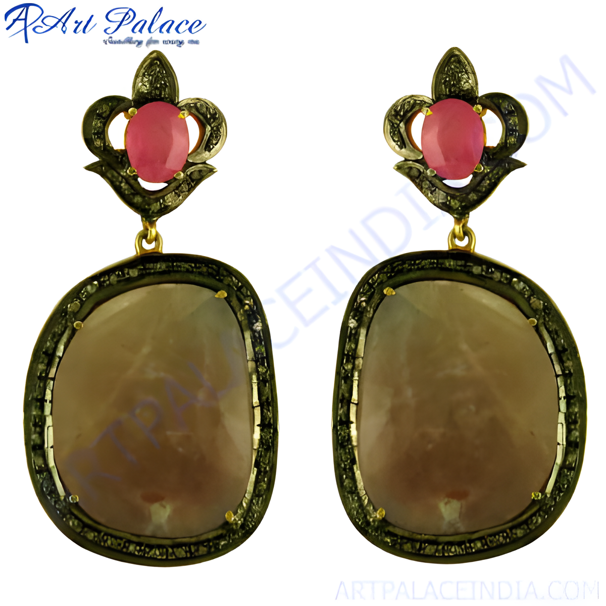 Gold plating finished dangle earrings with ruby gemstones and small diamonds, perfect for a special occasion