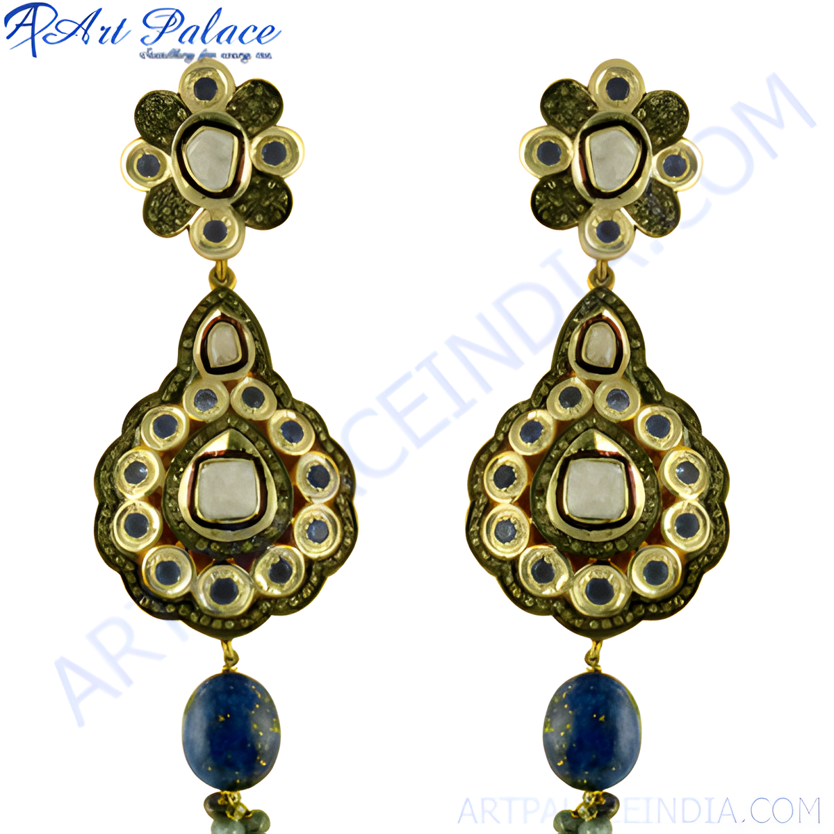 Gold plating tone dangle earrings with white gemstone accents and a vibrant blue lapis lazuli gemstone drop
