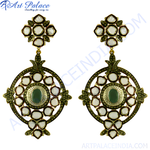 Load image into Gallery viewer, gold plating dangle earrings with central emerald stone and surrounding white stones, perfect for special occasions
