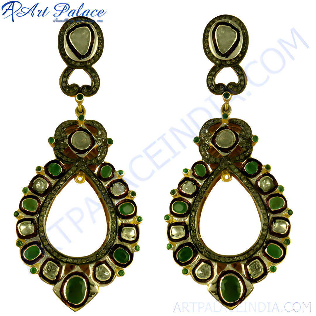 Elegant drop earrings featuring emerald and diamond gemstones, set in a gold plating metal base, a perfect statement jewelry piece.