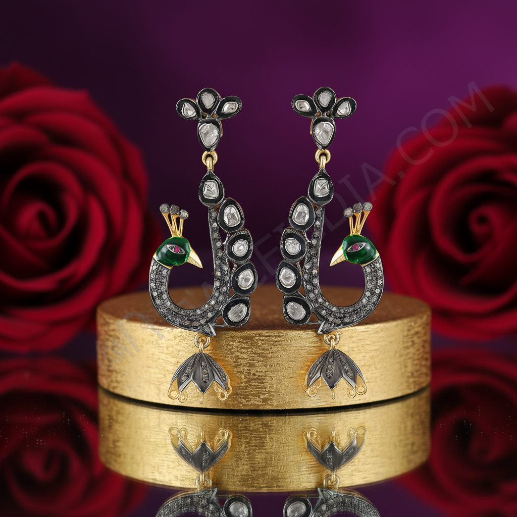 Peacock dangle earrings with green enamel & diamonds | art palace