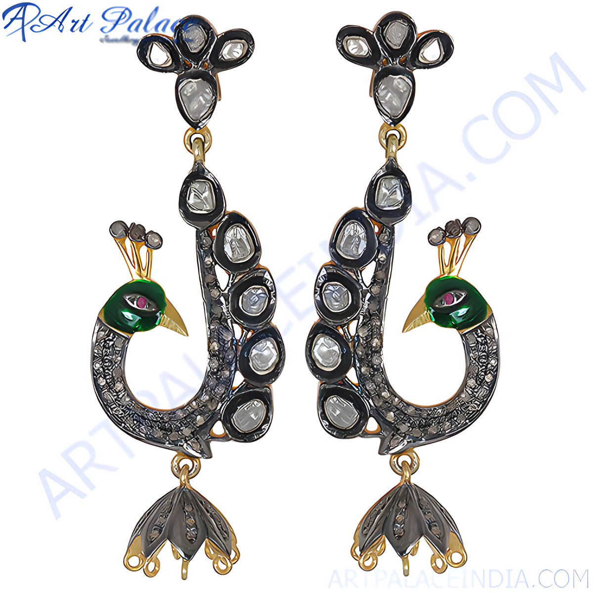 Peacock dangle earrings with green enamel detailing, diamonds, and black metal accents on a white background