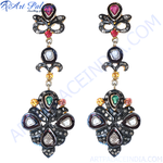 Load image into Gallery viewer, Vintage dangle earrings with ruby, emerald, and diamond gemstones in an intricate design.
