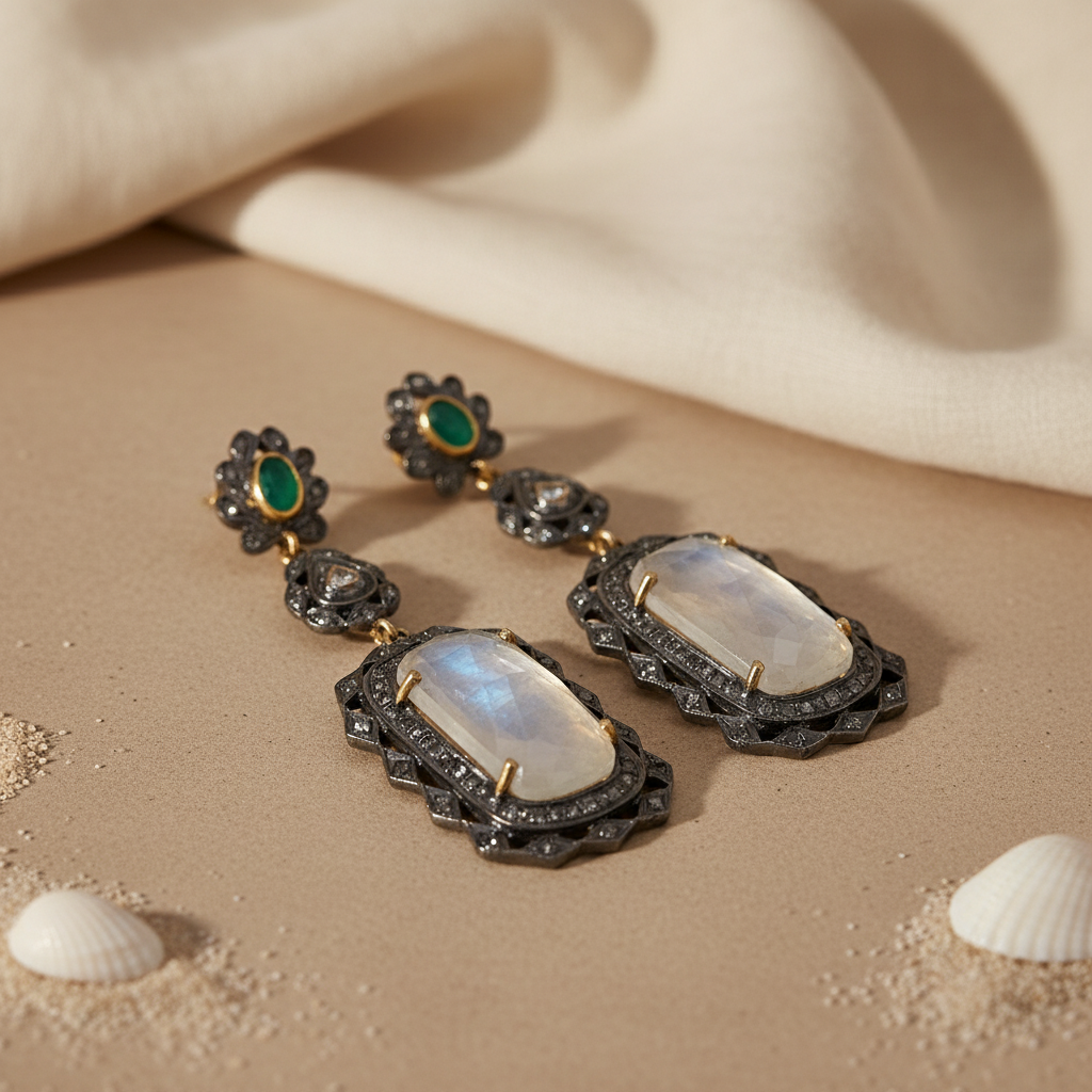 Moonstone Drop Earrings with Emerald Accents | Women's Jewelry