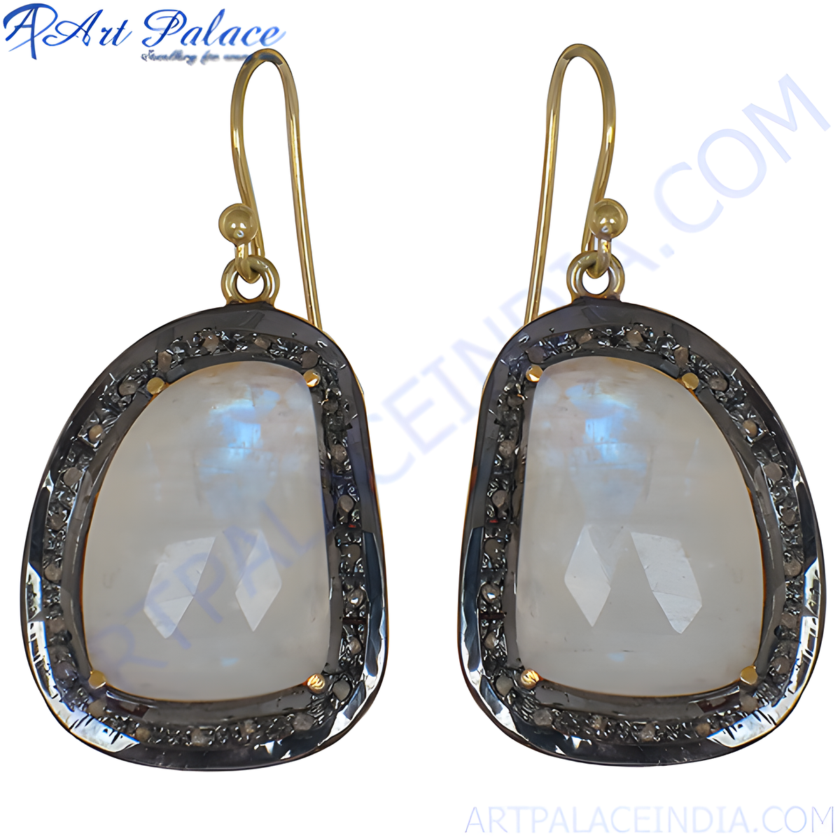 Moonstone drop earrings with black rhodium and gold plating finish hook